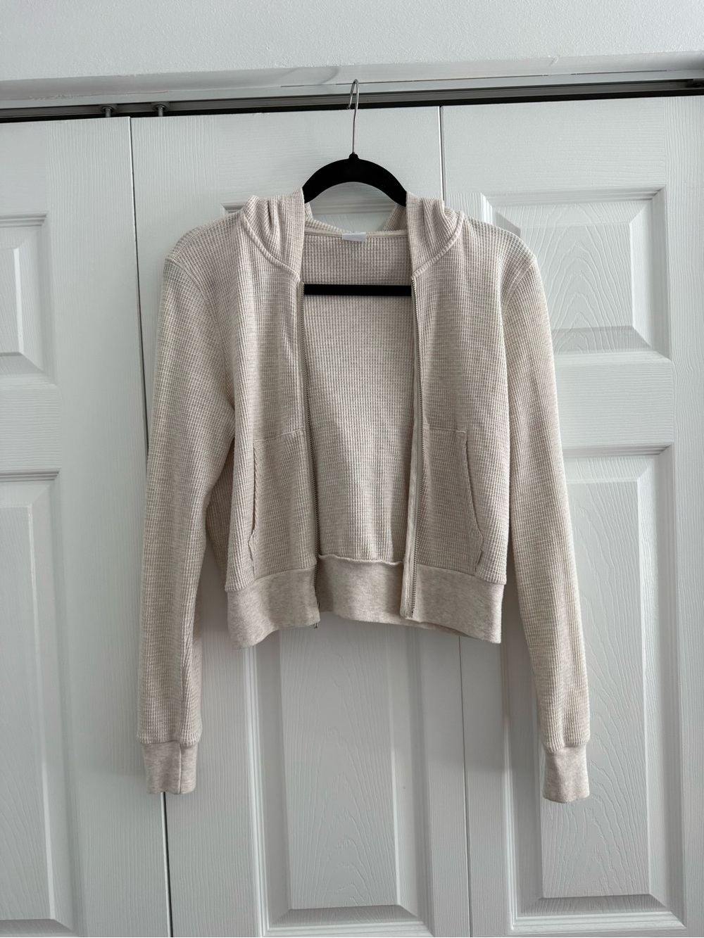 TNA Women's Cream Waffle-Knit Hooded Zip Cardigan